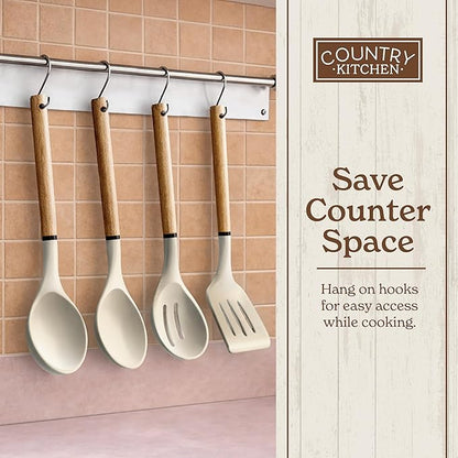Country Kitchen Non Stick Silicone Utensil Set with Rounded Wood Handles for Cooking and Baking, 8 Piece Set, Khaki