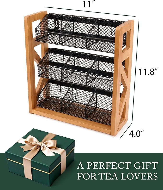 HULISEN 3 Tier Tea Bag Organizer for 120 Tea Bags, Tea Bag Holder with Removable Basket, Wood Stand & Metal Teabag Storage Rack for Coffee Bar Counter Kitchen Cabinet Pantry, Countertop or Wall Mount