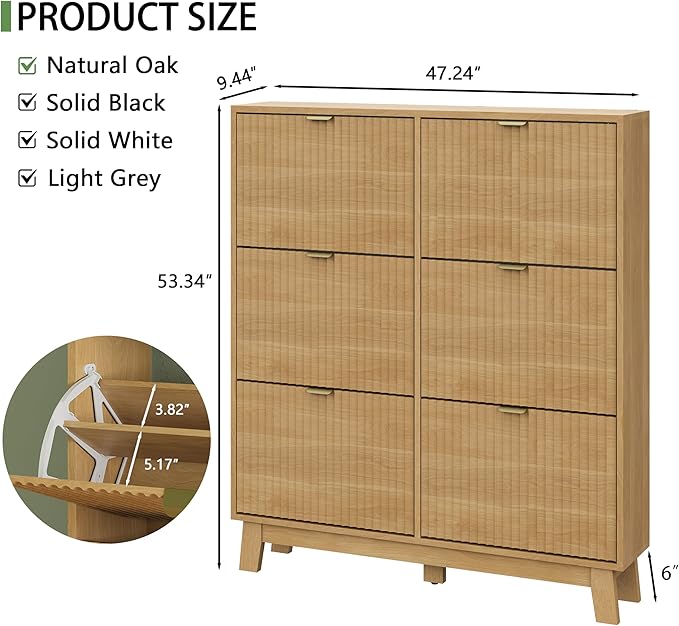 Shoe Cabinet with 6 Flip Drawers, 54" Tall Narrow Fluted Shoe Storage Organizer for Entryway, Hidden Slim Wooden Shoe Rack Cabinet for Front Door Entrance, Hallway, Living Room, Natural Oak