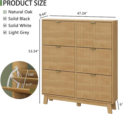Shoe Cabinet with 6 Flip Drawers, 54" Tall Narrow Fluted Shoe Storage Organizer for Entryway, Hidden Slim Wooden Shoe Rack Cabinet for Front Door Entrance, Hallway, Living Room, Natural Oak