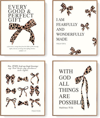 LARTSFRO Coquette Leopard Bow Wall Art Decor Posters, Y2K Cheetah Leopard Bow Room Bedroom Bathroom Dorm Wall Art Decor Aesthetic for College Teen Girls Gifts, Inspirational Bible Verses Bow Wall Decor, 10x8 Inch Set of 4 Pcs Cheetah Bow Pictures (UNFR...