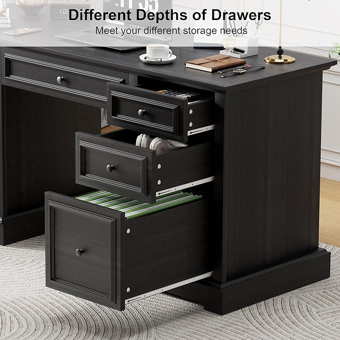 Vipbear 60" Executive Desk, Farmhouse Computer Desk with Drawers and File Cabinet, Embossed Texture Home Office Desks, Workspace for Work Study Writing, Black