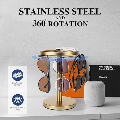 kondyfayo 360° Rotating Sunglass Organizer Storage, Stainless Steel Glasses Holder Stand, Glasses Organizer with Tray for Desk, Dresser, Tabletop, Nightstand and Home Decor (Gold)