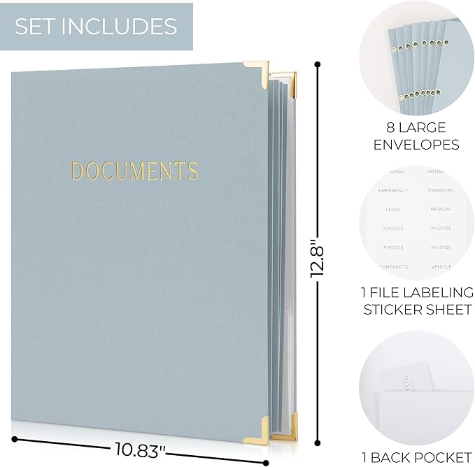 Important Document Organizer Set with Folders - Complete Linen Ring Binder Set Safely Stores All Documents & Files in One Place - Easy to Use Expanding Storage Incl. Envelopes, Pockets & Labels