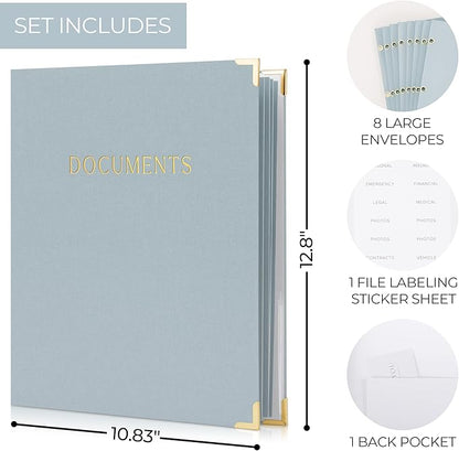 Important Document Organizer Set with Folders - Complete Linen Ring Binder Set Safely Stores All Documents & Files in One Place - Easy to Use Expanding Storage Incl. Envelopes, Pockets & Labels