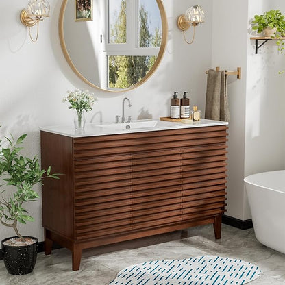 ROOMTEC 48" Bathroom Vanity with Sink, Mid-Century Freestanding Bathroom Vanity Sink with Storage, Undermount Ceramic Sink, Cabinet Particleboard Frame with Wood Grain Laminate, Walnut