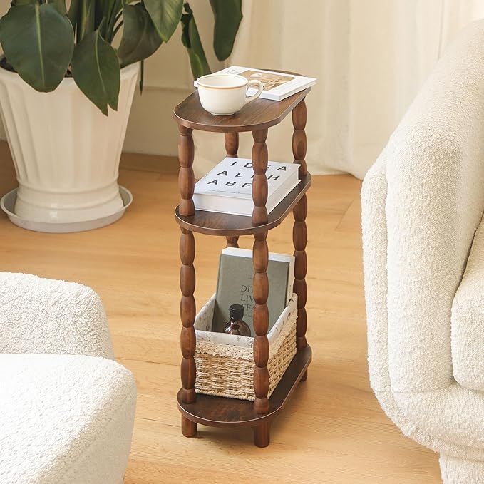 MaxSmeo Narrow Side Table Set of 2, 3-Tier Narrow End Table Living Room Set of 2 with Storage, Skinny Side Table Nightstand for Small Space, Bedrooms, Living Room (Rustic Brown)