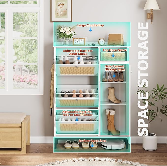 Rattan Wooden Shoe Cabinet, Freestanding 3-Flip Drawer Shoe Storage Organizer, Side Cabinet & Top Fence, Easy Assembly Shoe Rack for Entryway Hallway Living Room, White