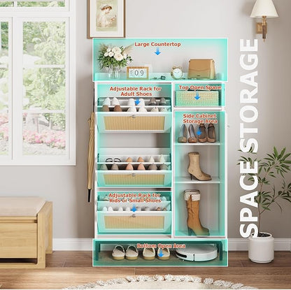 Rattan Wooden Shoe Cabinet, Freestanding 3-Flip Drawer Shoe Storage Organizer, Side Cabinet & Top Fence, Easy Assembly Shoe Rack for Entryway Hallway Living Room, White
