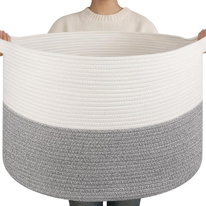 OIAHOMY 90L XXXLarge Blanket Basket for Living Room, 21.7" x 13.8" Woven Cotton Rope Laundry Basket for Organizing Pillows, Decorative Stuffed Animal Toy Storage for Nursery, White and Light Grey