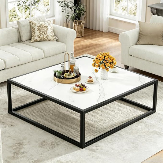 31.5" Square Coffee Table, Mid-Century Modern White Center Table for Living Room, Floor Table for Sitting on The Floor, Wood Cocktail Tea Contemporary Tables with Metal Frame for Office Apartment Home