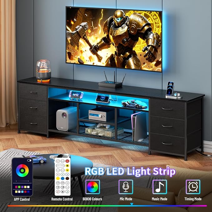 Furologee LED TV Stand for 65, 70, 80 Inch TV, 71 Inch Entertainment Center with Power Outlets, 6 Fabric Drawers Dresser for Bedroom, Media Console with Open Shelves, PU Leather Surface, Black