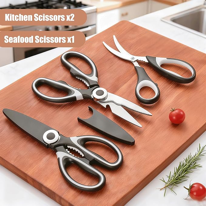 OMDAR 3 Pack Kitchen Scissors All Purpose 3 Pack - Heavy Duty Stainless Steel Cooking Shears for Cutting Meat, Food, Fish, Poultry Sharp Sissors for Dishwasher Safe - with Protective Sheath