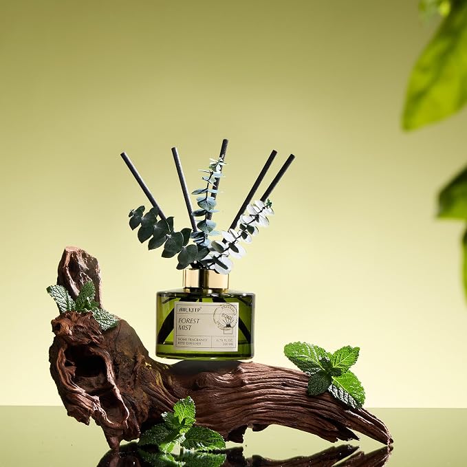 Airkeep Reed Diffuser Set with 6.76 fl oz Forest Mist Scent Essential Oils and 3 Leaves & 8 Diffuser Sticks,Bathroom Shelf Decor & Air Freshener, House Bedroom Office Decor & Gifts