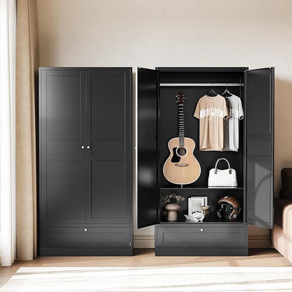 Letaya Wardrobe Closet,72" H Clothing Metal Storage Cabinet with Storage Drawer Adjustable Shelves and Hanging Rod,Bedroom Armoire Cabinet Clothes Organizer (Black) | Storage Drawer, Adjustable Shelves, Hanging Rod, Armoire Cabinet, Clothes Organizer