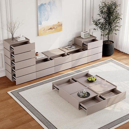 Coffee Table with Storage,Modern Center Table with 4 Hidden Drawers for Living Room,Rectangle Coffee Table for Home Furniture,Bedroom,Beige Gray
