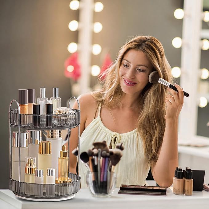 INVSSENE 360° Rotating Makeup Organizer, Bathroom Make Up Spinning Holder Rack, Large Capacity Cosmetics Storage Vanity Shelf Countertop, Fits Cosmetics, Perfume, Skincare, Lipsticks(2 Tiers, Gray)