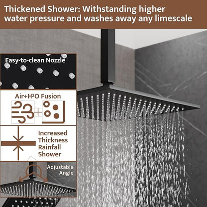 Shower System Matte Black, Push Button Diverter Shower Faucet with 3 in 1 Handheld, Ceiling Mount 12 Inch Shower Head with 6 Inch Wall Mount Shower Head