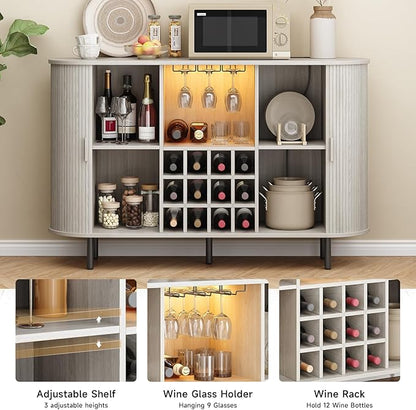 ONBRILL 55" Wine Bar Cabinet with Storage, Fluted Liquor Bar for Home, Coffee Bar Cabinet with Wine Rack and Glass Holder, Buffet Sideboard with LED Lights for Kitchen Living Dining Room Natural White