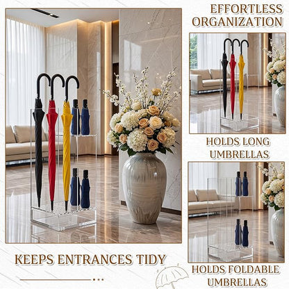 Leinuosen 9 x 9 x 22 Inch Clear Acrylic Umbrella Stand Organizer, Thick Freestanding Entryway Umbrella Holder with Long and Short Compartments, Modern Storage Rack for Home, Office and Lobby