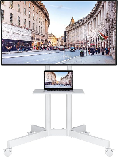 BONTEC Rolling TV Stand with Tilt, Mobile TV Cart for 32–85 Inch LED LCD Flat Curved TVs, Portable Stand with Laptop Shelf, Locking Wheels, Outdoor TV Stand Holds 132 lbs, Max VESA 600x400mm, White
