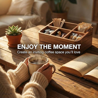 Dstuff Acacia Wood Coffee Station Organizer for Countertop, Tea Organizer and Holder, Coffee Bar Caddy with Multiple Compartments for Home and Office Decor