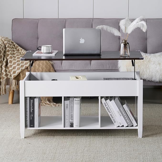 VINGLI Lift Top Coffee Table with Hidden Storage, 39" Wood Coffee Table with Lifting Tabletop, 3 Open Shelves, Center Table for Living Room, Home Office, White & Dark Brown