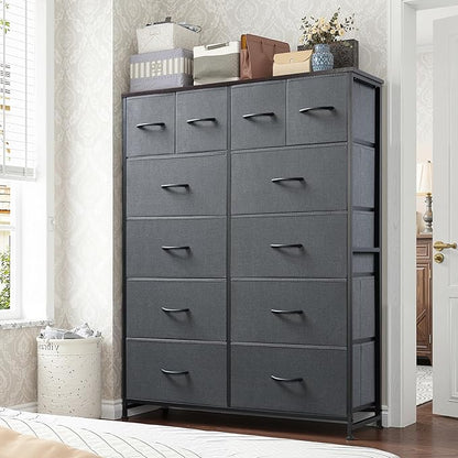 Tall Console Table with 12 Fabric Drawers, Tall Storage Organizer with Wood Top, Entryway Table with Storage, Steel Frame for Living Room, Hallway, Office, Dark Grey