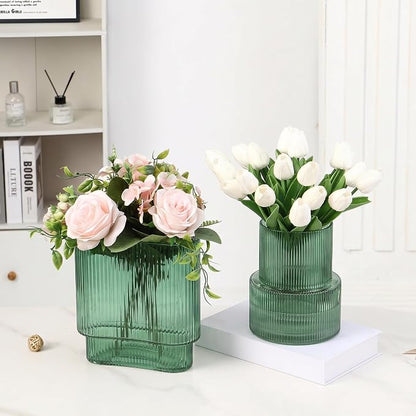 Green Glass Vases, Set of 2 Ribbed Vases for Flowers, Green Vase for Tulips, Modern Glass Vase for Living Room, Dining Table, Office, Entryway, Mantle, Bookshelf, Wedding Gifts