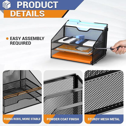 GAWERK Letter Tray Organizer, Mesh Desk File Organizer with 3 Paper Trays and 2 Vertical Upright Section (Gold)