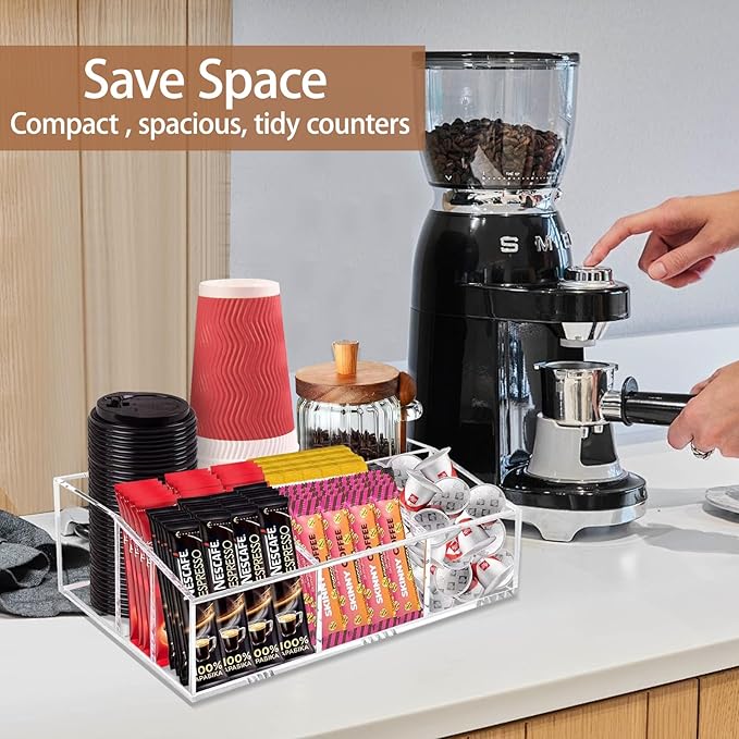 Coffee Station Organizer for Countertop - Clear Acrylic Coffee Bar Accessories and Organizer with Removable Dividers for Pods Condiment Syrup Tea Cups Stirrers Tea Bag - Farmhouse Table Decor
