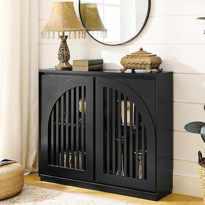 LKTART Arch Doors Sideboard Buffet Storage Cabinet,Mid Century Modern Storage Cabinet with Shelves,Wood Coffee Bar for Living Room, Kitchen, Hallway-Black