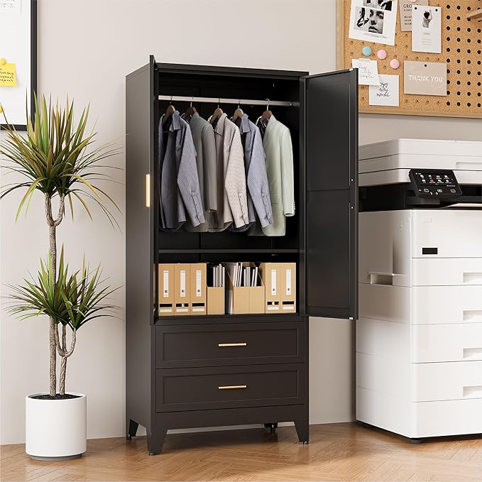 COFaR Black Metal Wardrobe Closet with 2 Drawers, 71" Steel Armoire Cabinet with Hanging Rod & Adjustable Shelf, Modern Freestanding Closet Organizer with Doors