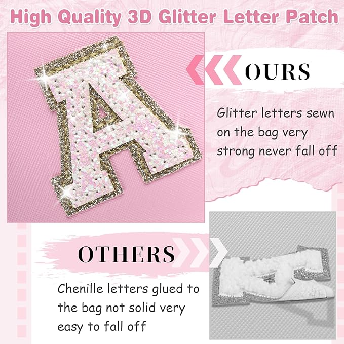Small Personalized Initial A-Z Patch Makeup Bag,Pink Cute PU Leather Glitter Letter Cosmetic Bag for Teen Girls,Travel Toiletry Bag with Zipper,Preppy Monogrammed Birthday Gift for Daughter Niece F