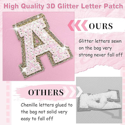 Small Personalized Initial A-Z Patch Makeup Bag,Pink Cute PU Leather Glitter Letter Cosmetic Bag for Teen Girls,Travel Toiletry Bag with Zipper,Preppy Monogrammed Birthday Gift for Daughter Niece R
