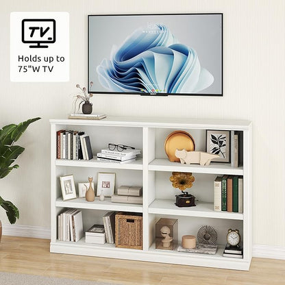 blini Low Horizontal Bookshelf White Bookcase Double Wide 64" 3-Tier Book Shelf 6 Cube Storage Organizer Wooden Bookcases for Bedroom and Home Office Decor Display