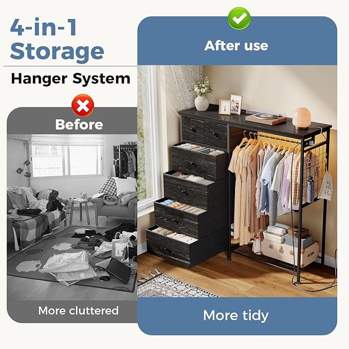OLIXIS 6 Storage for Bedroom with Hanging Rack with LED Lights & Charging Station, Fabric Chest of Storage with Rack, Wooden Top, for Home Living Room Entryway Black Wood Grain