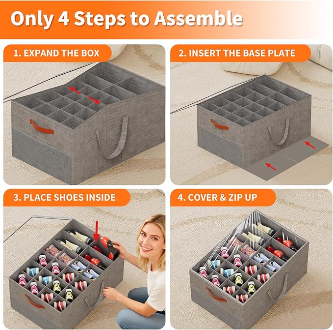Aokeyee Shoe Organizer for Closet, 2 Pack Large Shoe Storage Box Fits up to 24-48 Pairs, Space Saving Foldable Shoes Organizer Bin w/Clear Cover and 4 Reinforced Handles, Grey