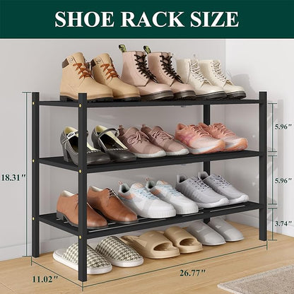 Smiry Bamboo Shoe Rack 3-Tier, Stackable Wooden Shoe Organizer for Entryway & Closet, Free Standing Wood Shoe Storage Shelf for Front Door & Small Spaces, Black