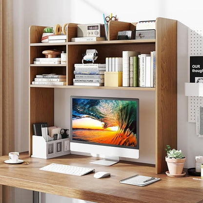 Desk Hutch, Desktop Shelf with 6 Shelves, Desk Bookshelf w/Anti-Toppling Devices, Wood Table Top Bookshelf Organizer, Small Desk Shelf for Study, Office, Dorm (Natural, 6 Shelves)