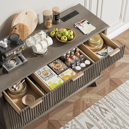 QUW Fluted Sideboard Buffet Cabinet with Charging Station, 47.2" Kitchen Storage Cabinet with Drawers and Adjustable Shelves, Modern Coffee Bar Kitchen Table for Dining Room, Living Room, Grey