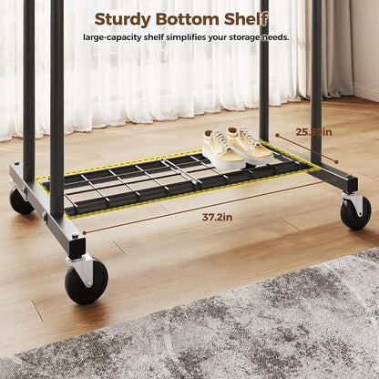 HYSEYY Heavy Duty Clothes Rack, Rolling Clothing Rack for Hanging Clothes with Shelves Load 700LBS,Portable Garment Wardrobe Closet Rack with Wheels for Bedroom,Laundry Room,Retail Store,Black