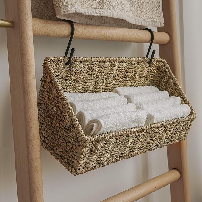 StorageWorks Woven Wall Baskets for Storage, Seagrass Baskets for Shelf, Wall Storage for Kitchen and Bathroom, Hanging Baskets for Organizing, 2 Pack