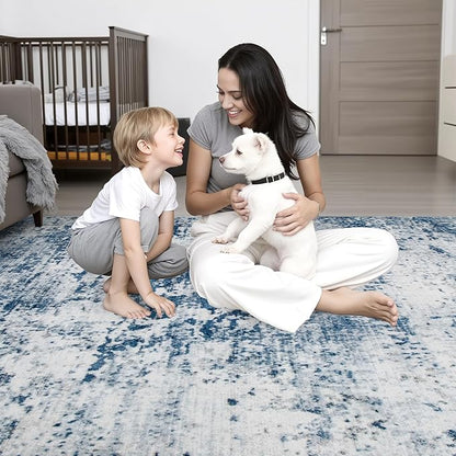Washable Area Rug 3x8 Entryway Rug: Washable Modern Abstract Soft Thin Rug Indoor Floor No Slip Stain Resistant Carpet for Bedroom Dining Room Farmhouse Nursery Home Office - Blue