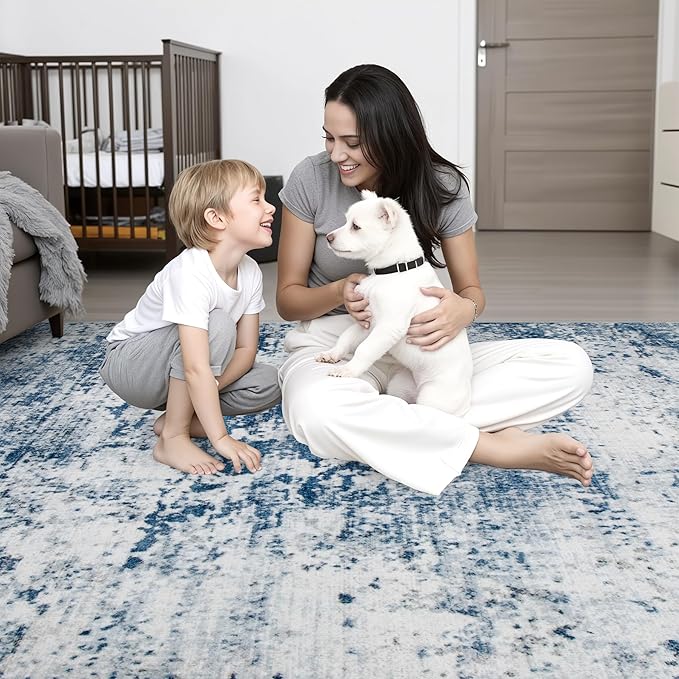 2'x6' Runner Rug Washable Rug: Modern Abstract Soft Thin Runner Rug Blue
