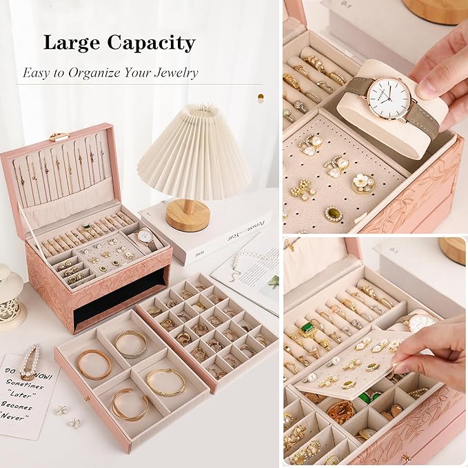 Jewelry Organizer Box, Large Jewelry Boxes for Women, 3-Layer Jewelry Holder Organizer for Necklace Earrings Rings Bracelets Storage, Gift for Her Mom