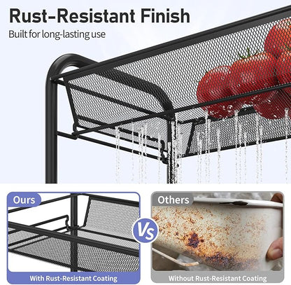 TOOLF 3-Tier Metal Rolling Cart, Mesh Wire Easy Assemble Utility Cart, Storage Trolley on Wheels with 3 Hooks, MetalStorage Shelving Units for Kitchen Bathroom Laundry Room