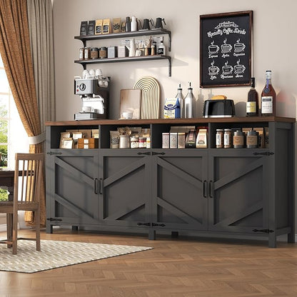 63'' Buffet Sideboard with Storage Farmhouse with 4 Doors, Large Kitchen Storage Cabinet Wood Coffee Bar Cabinet Buffet Table with Shelves for Kitchen, Dining Room, Entryway