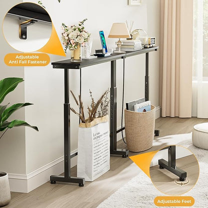Dicasser 2 Pack Narrow Console Sofa Table with Adjustable Height (22"-33") & 2 Power Outlets, Skinny Behind Couch Table for Living Room Entryway Hallway, 79" L x 7" W x 33" H (Black)