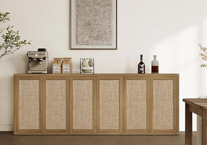 SICOTAS Rattan Sideboard Buffet Console Table - 95” Larger Modular Credenza Stand, 3 Pieces Boho Coffee Bar Cabinet with Storage & Adjustable Shelves for Hallway, Living Room, Dining Room